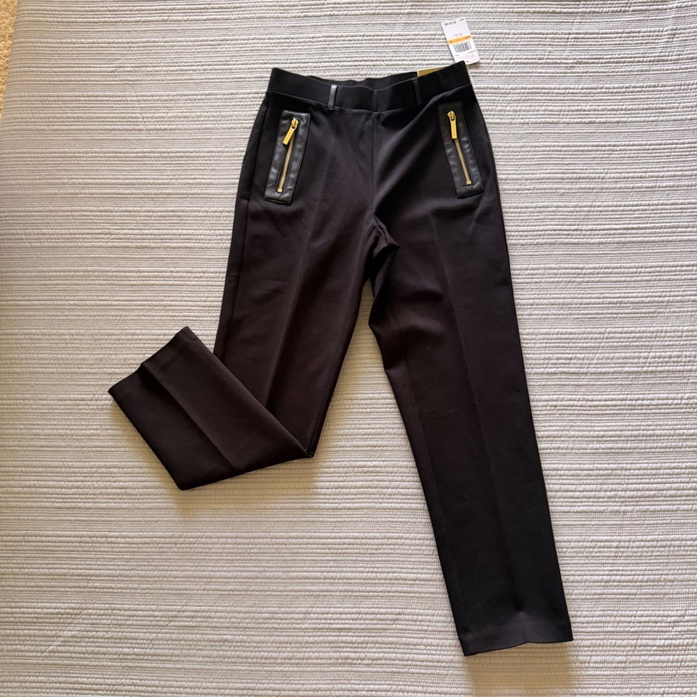 NWT Michael Kors Women's Black Straight Ankle Pants Gold Zip Accents Size S